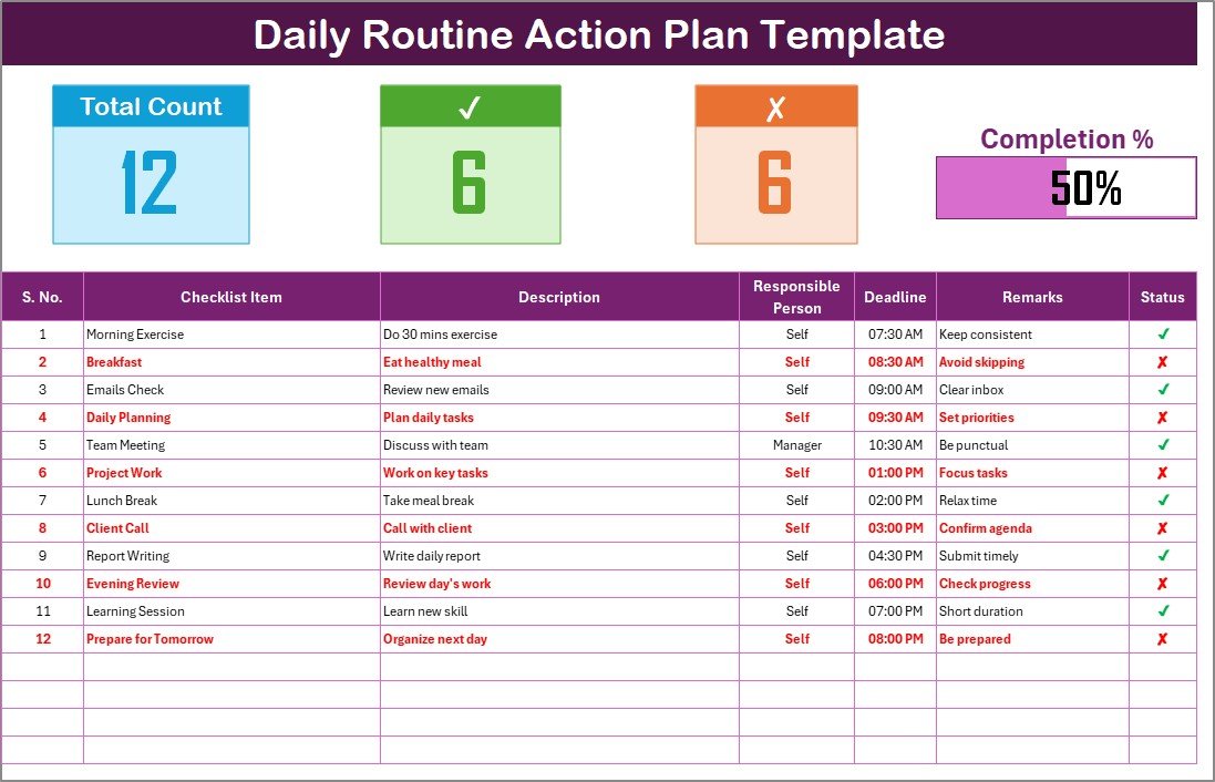 Daily Routine Action Plan in Excel