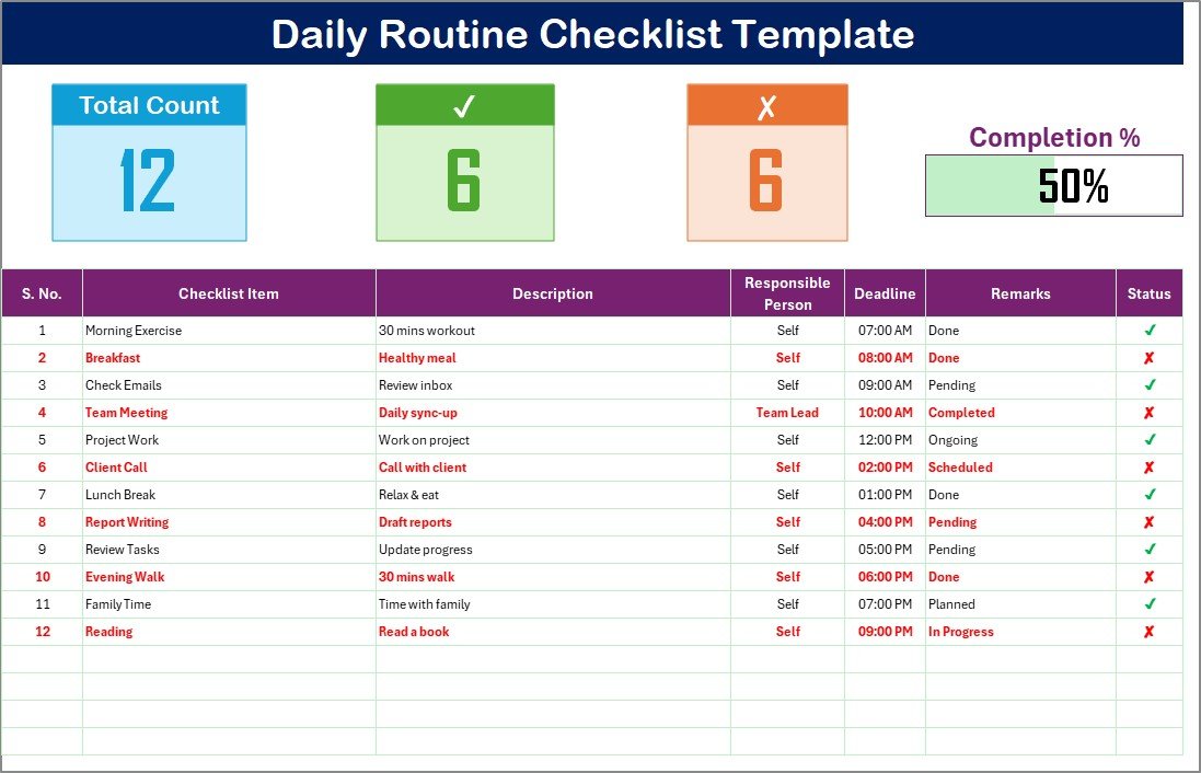 Daily Routine Checklist in Excel 
