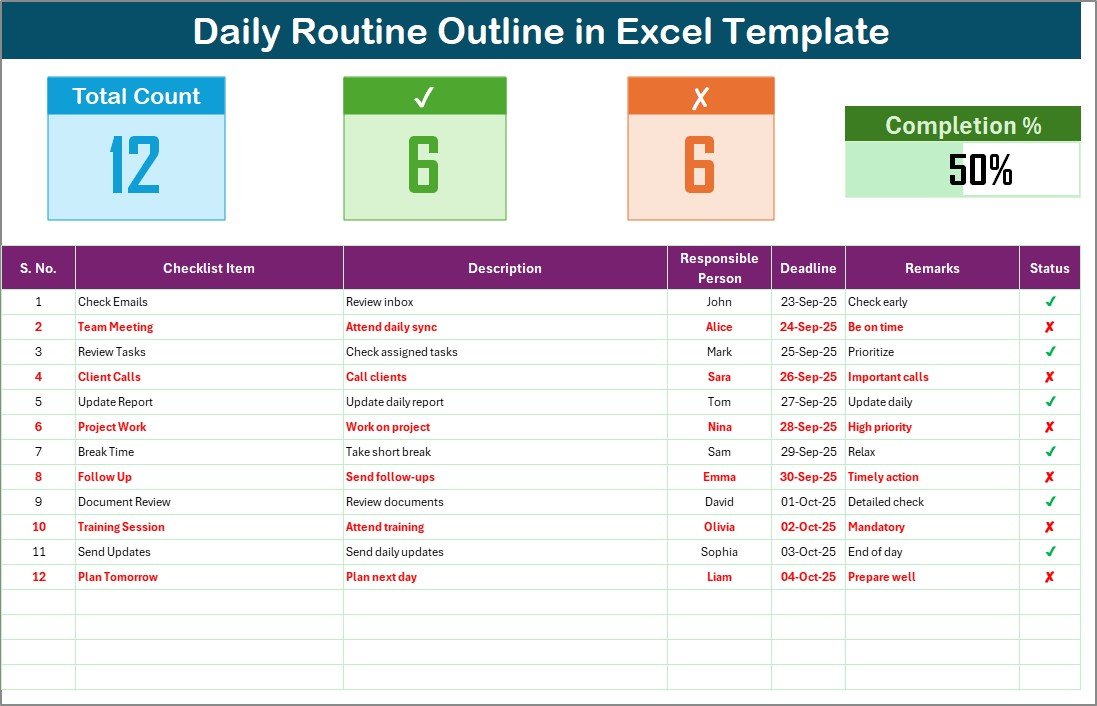 Daily Routine Outline Checklist in Excel