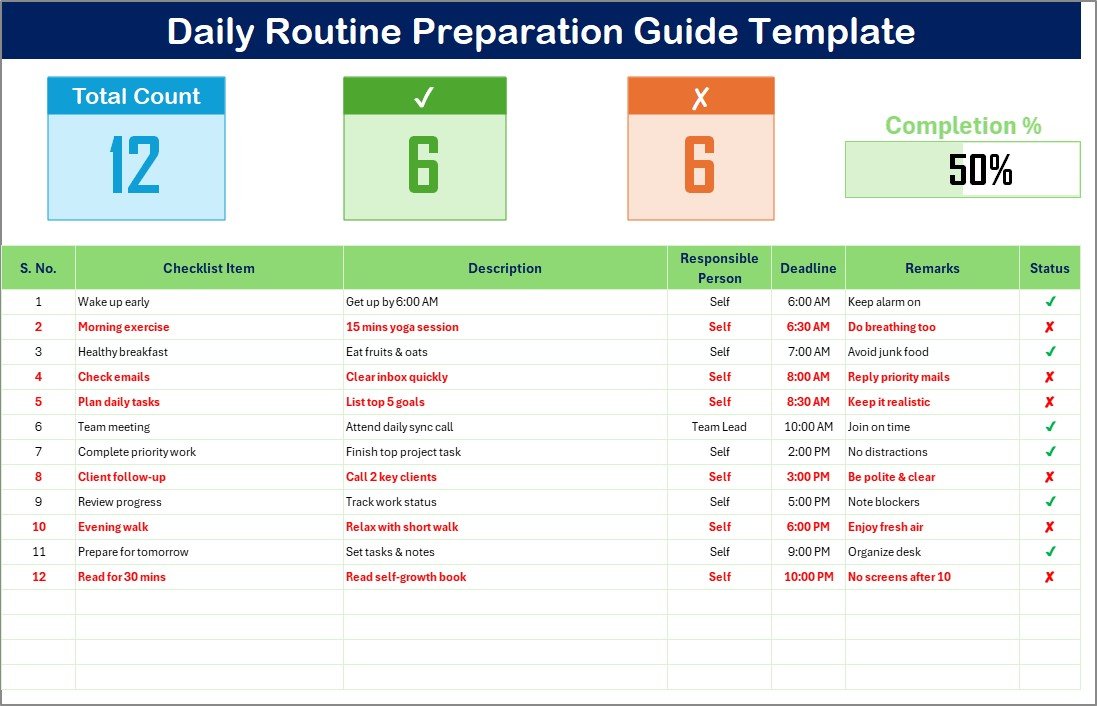 Daily Routine Preparation Guide Template in Excel