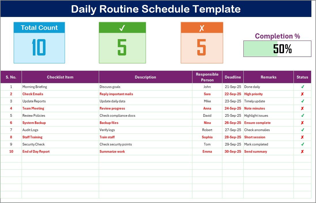 Daily Routine Schedule Checklist Template in Excel