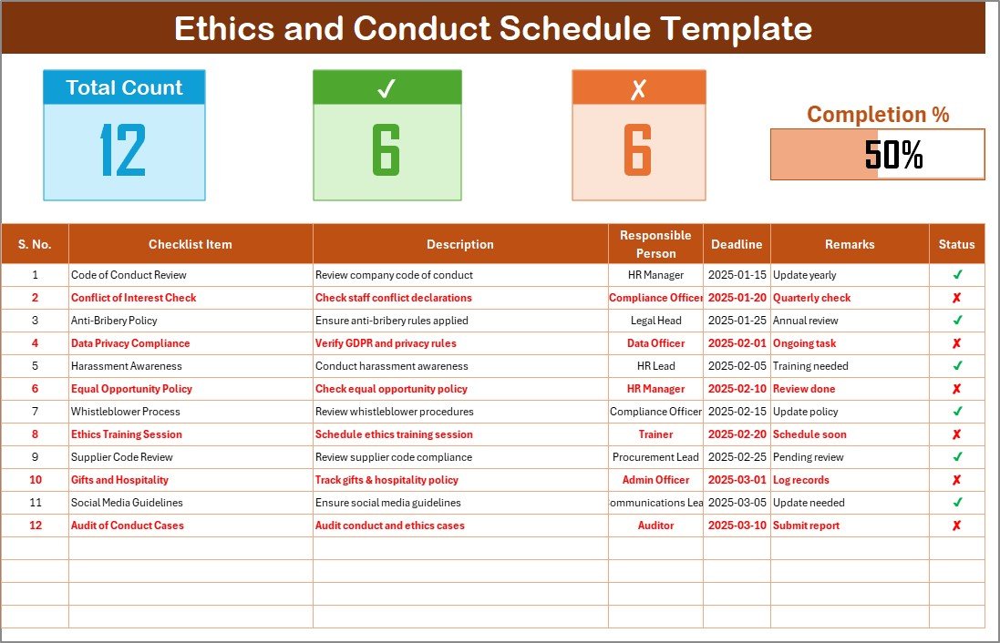 Ethics and Conduct Schedule Checklist in Excel
