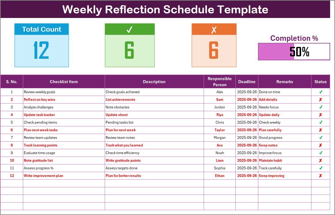 Weekly Reflection Schedule Checklist in Excel