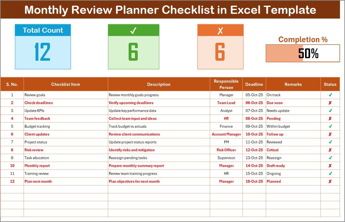 Monthly Review Planner Checklist in Excel 