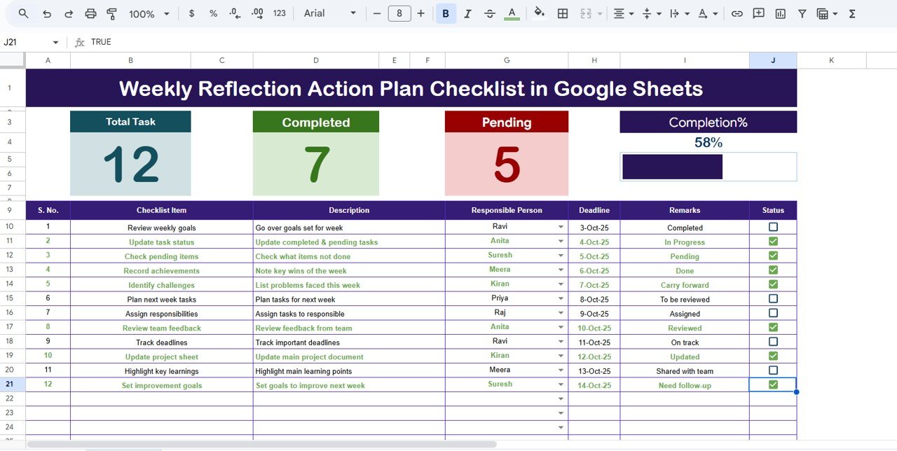Weekly Reflection Action Plan Checklist in Google Sheets