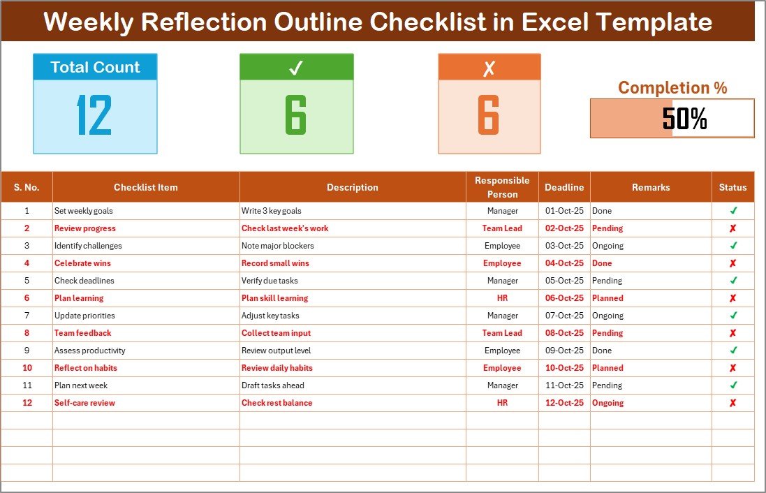 Weekly Reflection Outline Checklist in Excel