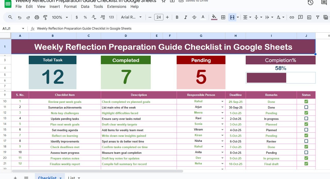 Weekly Reflection Preparation Guide Checklist in Google Sheets