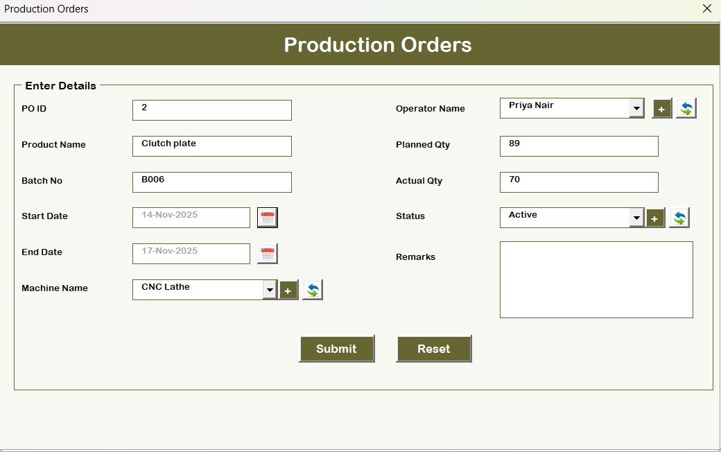 Production Orders Form