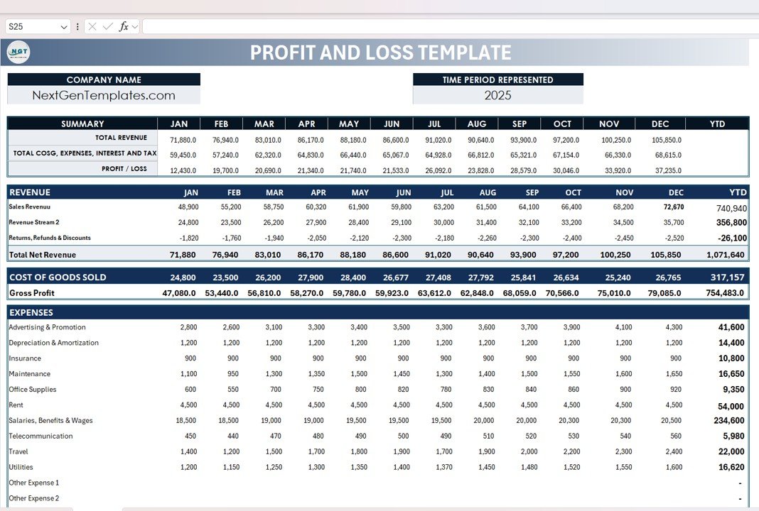 Profit and Loss (P&L) Template in Excel