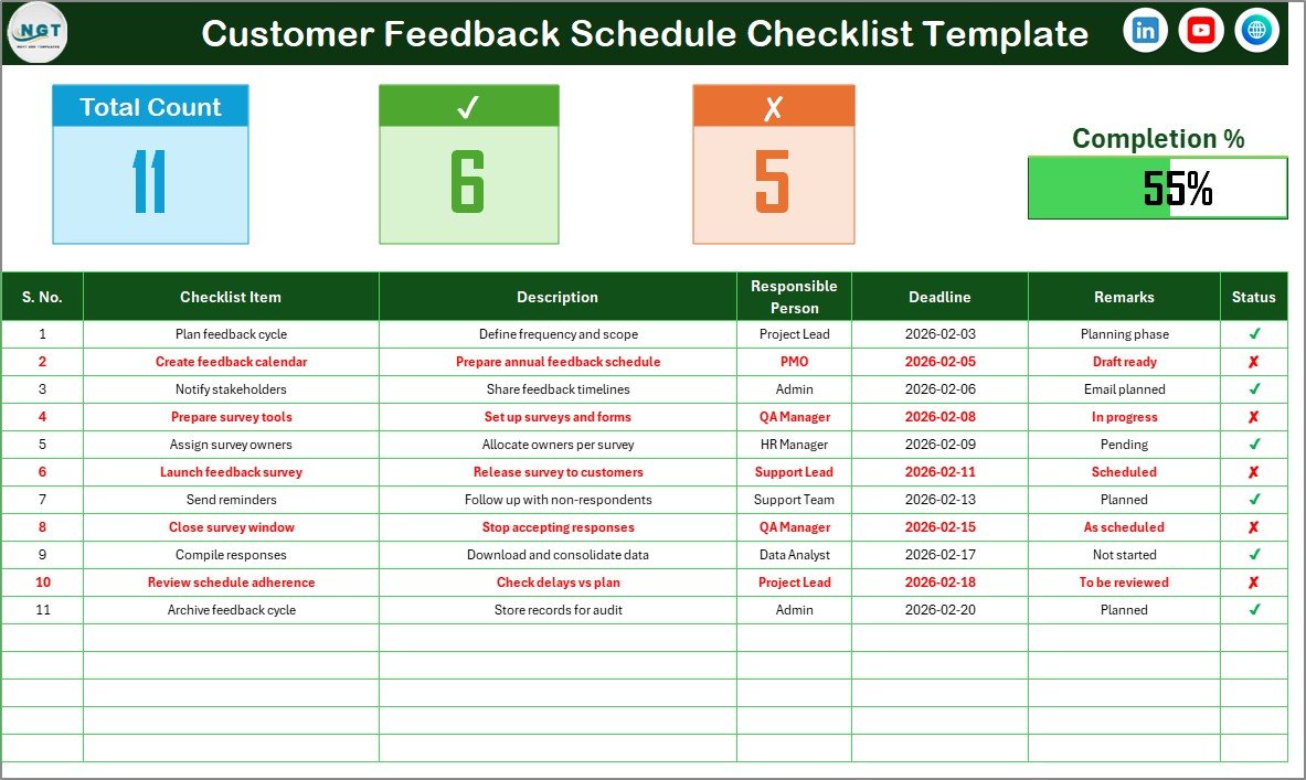 Customer Feedback Schedule Checklist in Excel