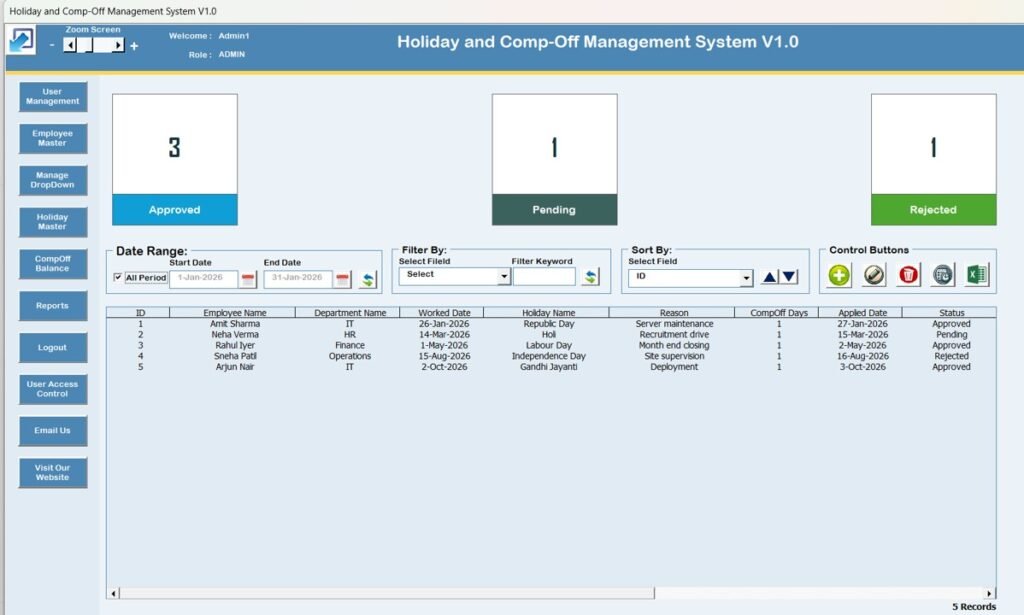 Comp Off. Register Format Holiday & Comp-Off Management System V1.0 in Excel VBA - PK: An Excel ...