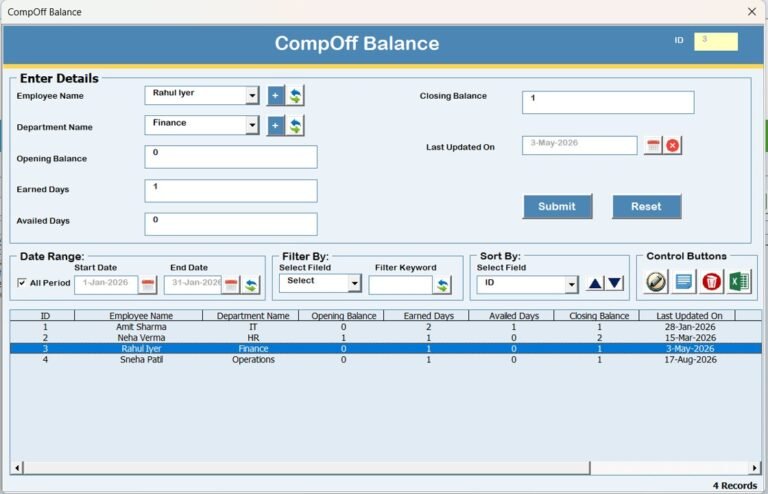 Holiday & Comp-Off Management System V1.0 in Excel VBA - PK: An Excel ...