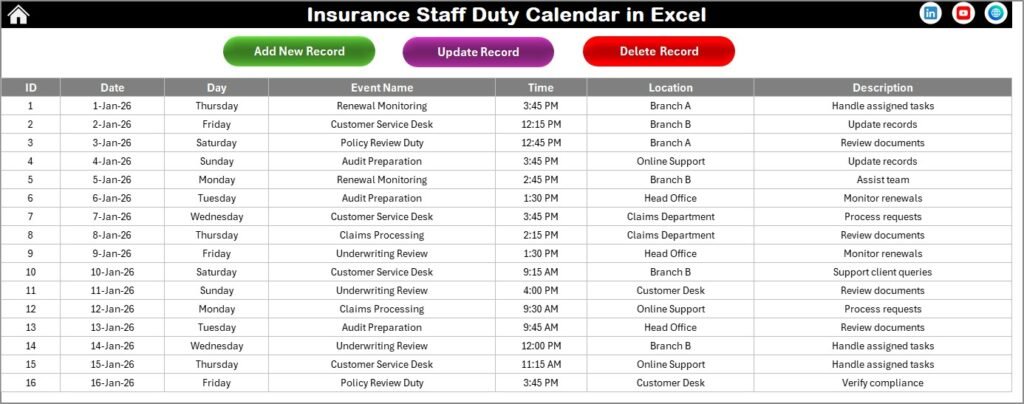 Insurance Staff Duty Calendar in Excel - PK: An Excel Expert