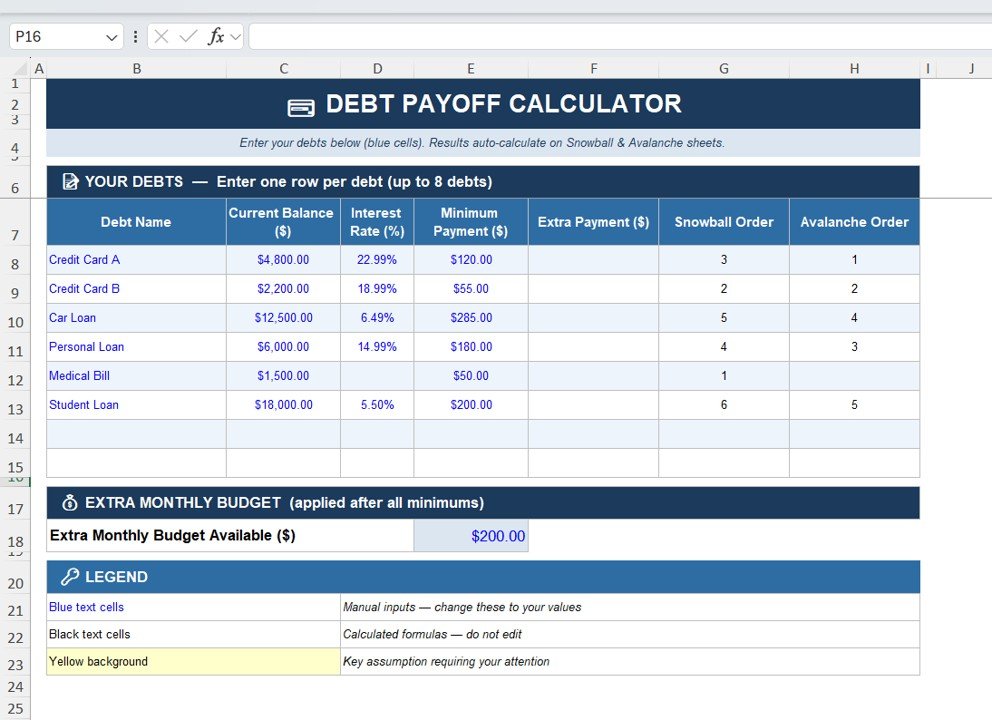 Debt Payoff Calculator Template in Excel