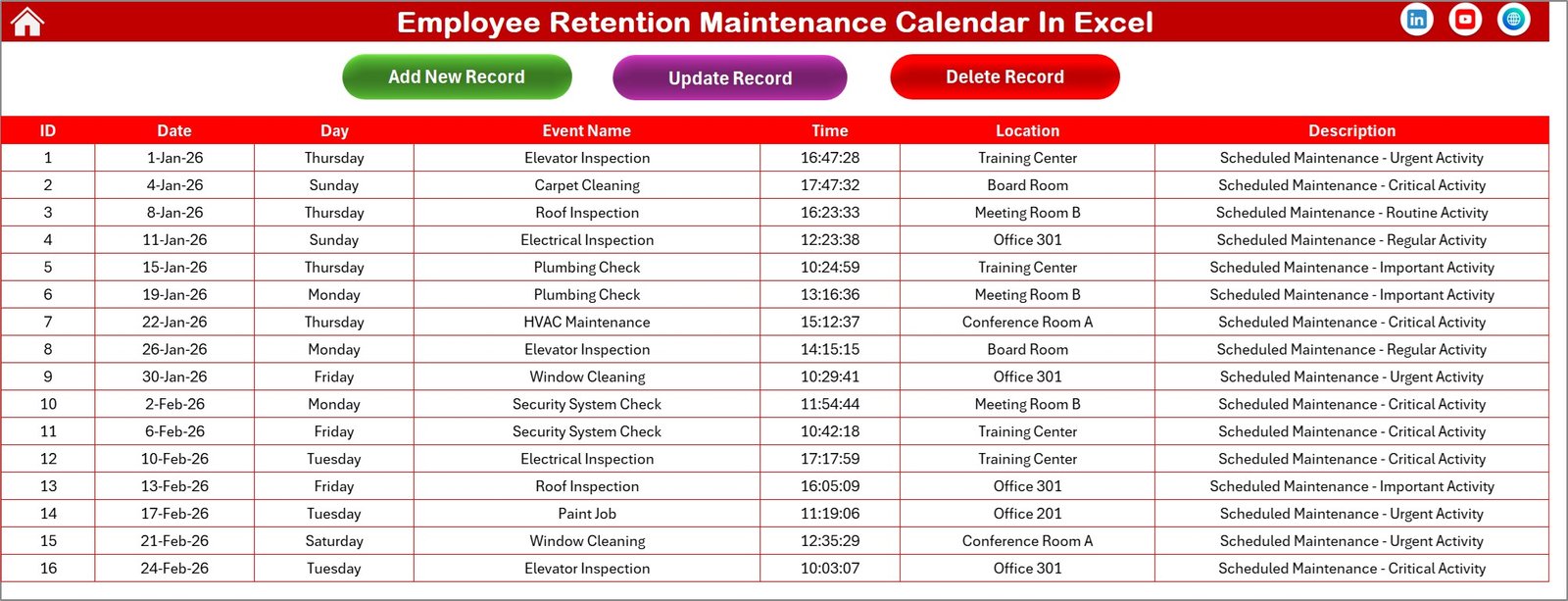 Employee Retention Maintenance Calendar In Excel