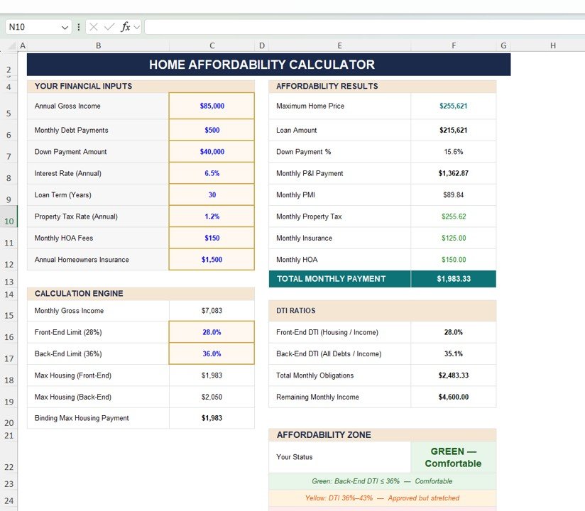Home Affordability Calculator in Excel