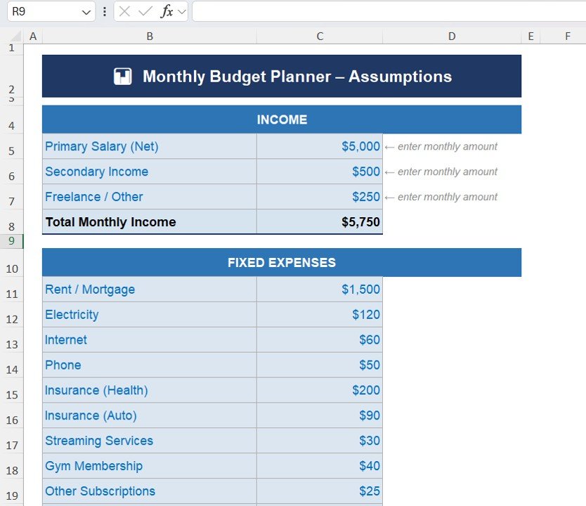 Monthly Budget Planner Template in Excel