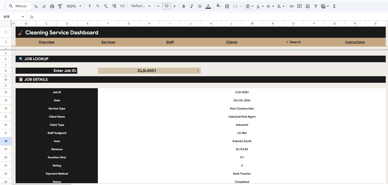 Cleaning Service Dashboard - Search Sheet
