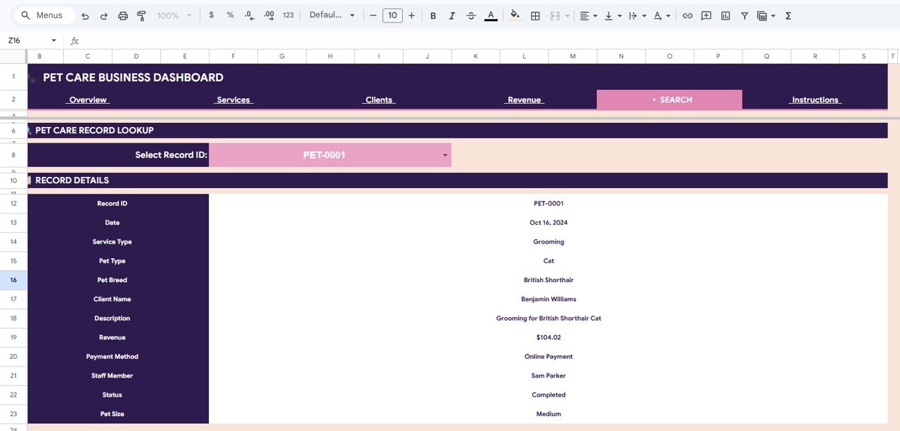 Pet Care Business Dashboard in Google Sheets - Search Sheet