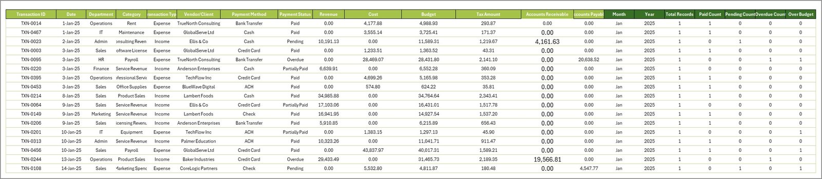 Small Business CFO Dashboard in Excel - Data Sheet