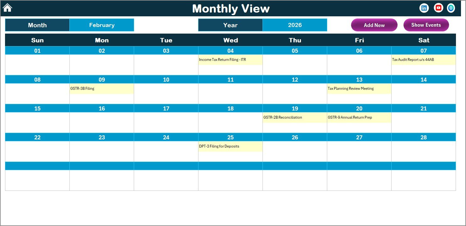 Tax Deadline and GST Filing Calendar - Monthly View