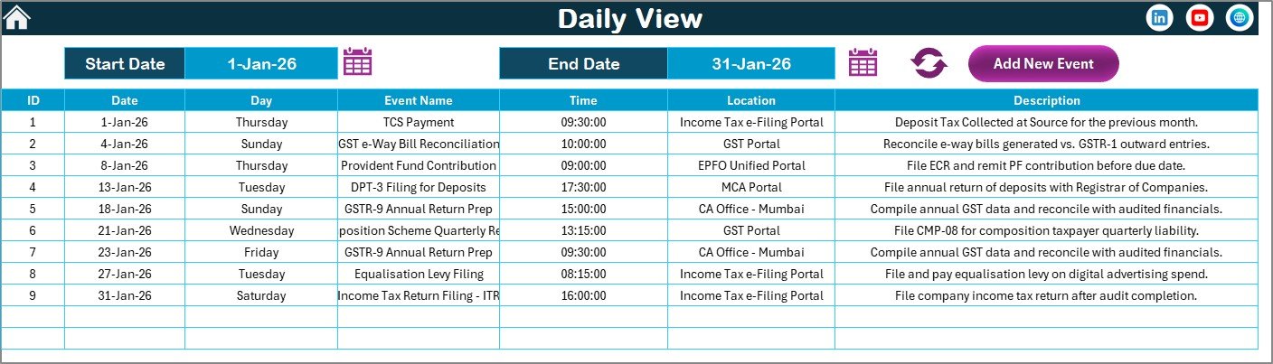 Tax Deadline and GST Filing Calendar - Daily View