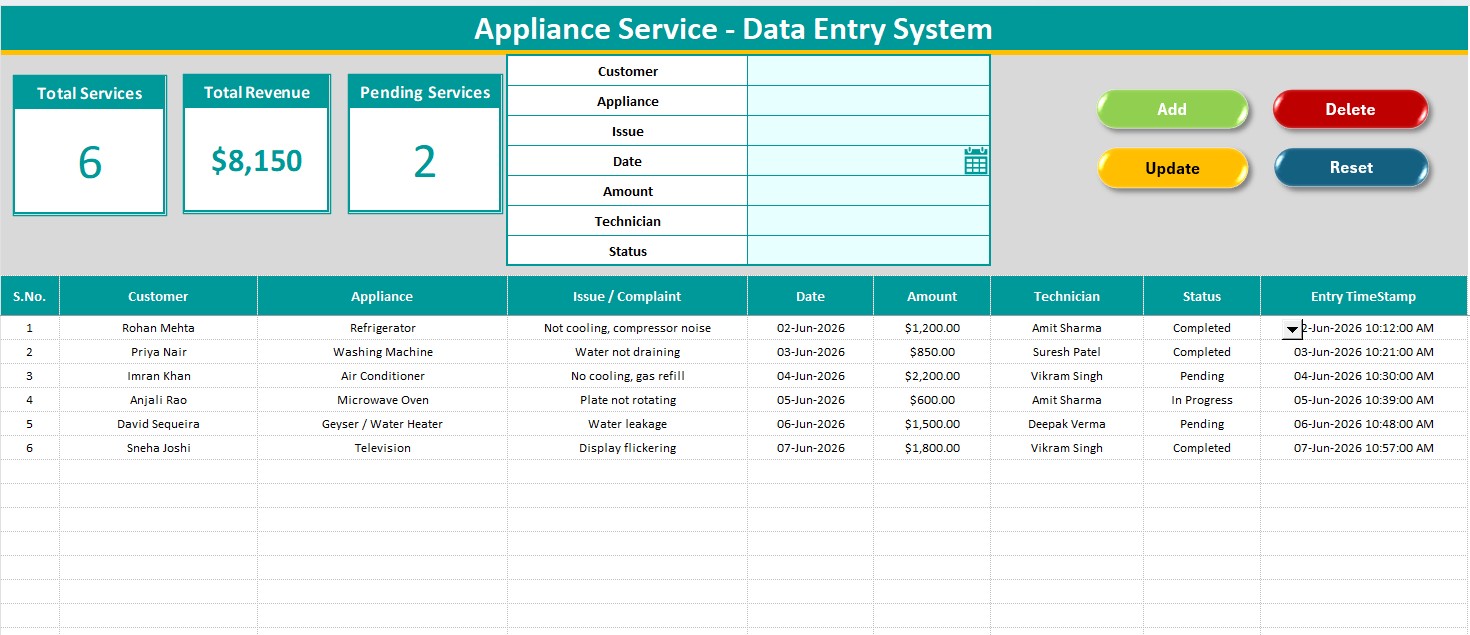 Appliance Service Data Entry System in Excel - PK: An Excel Expert