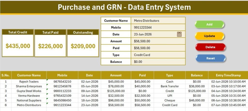 Purchase and GRN Data-Entry System in Excel
