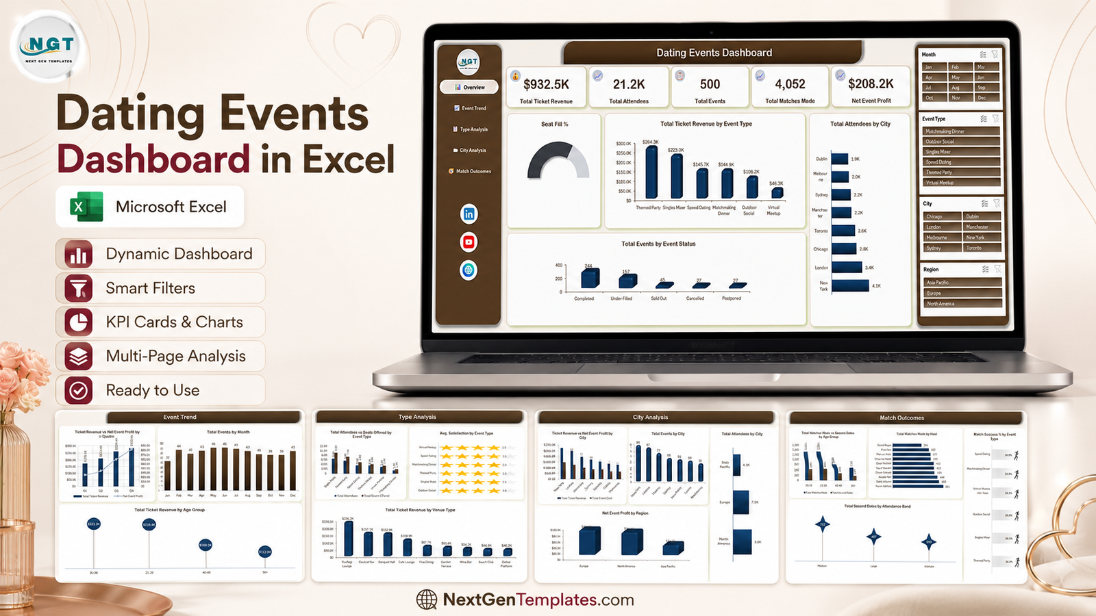 Dating Events Dashboard in Excel showing the Overview page and four analysis pages
