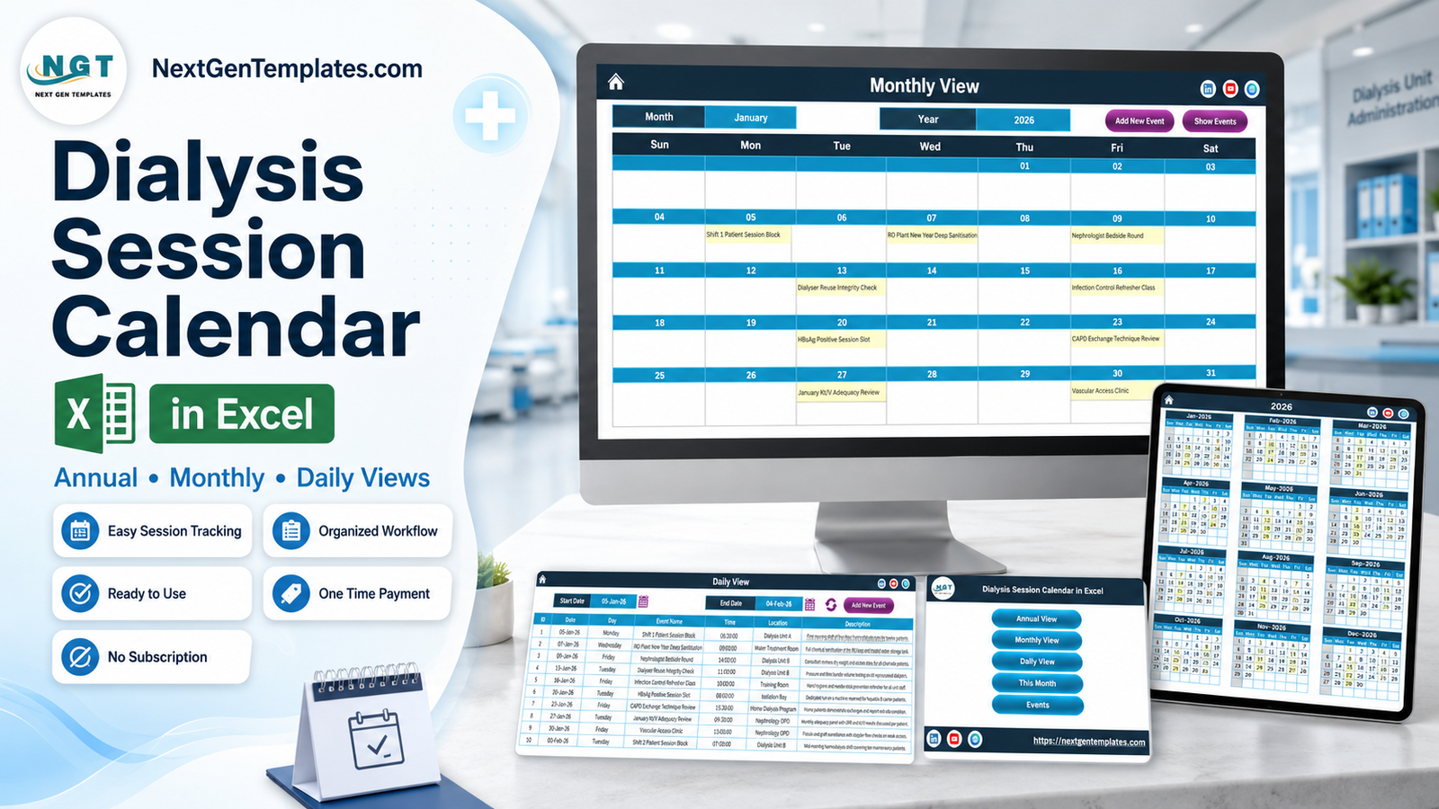 Dialysis Session Calendar in Excel showing the Monthly View, Daily View, Annual View and Home menu of the workbook