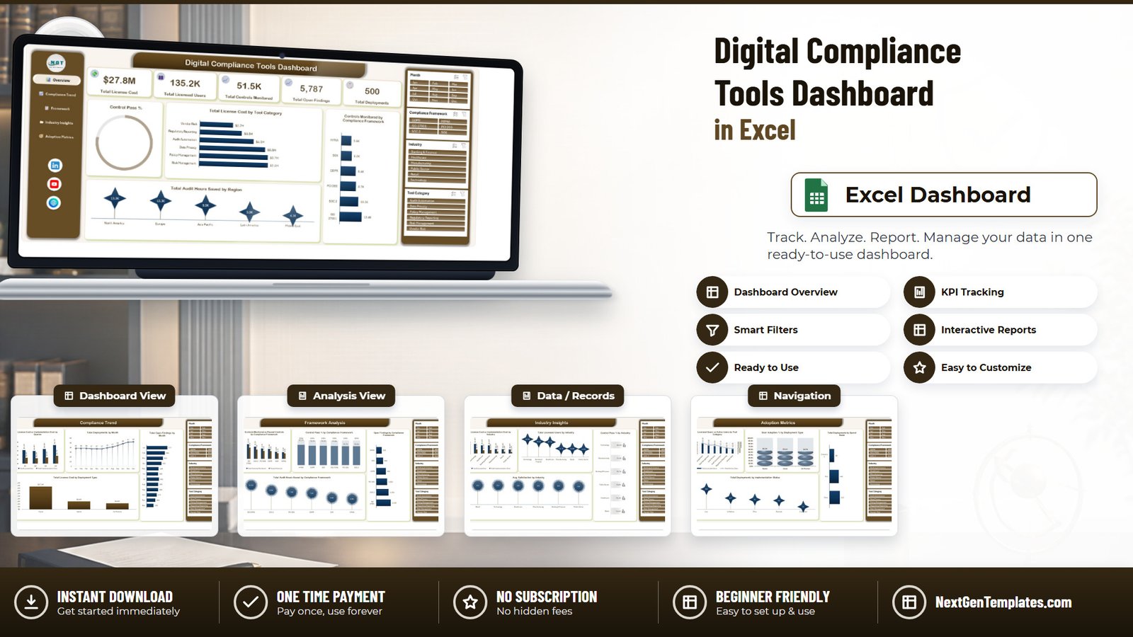 Digital Compliance Tools Dashboard in Excel - five-page Excel dashboard for compliance tool spend, control pass rates and adoption