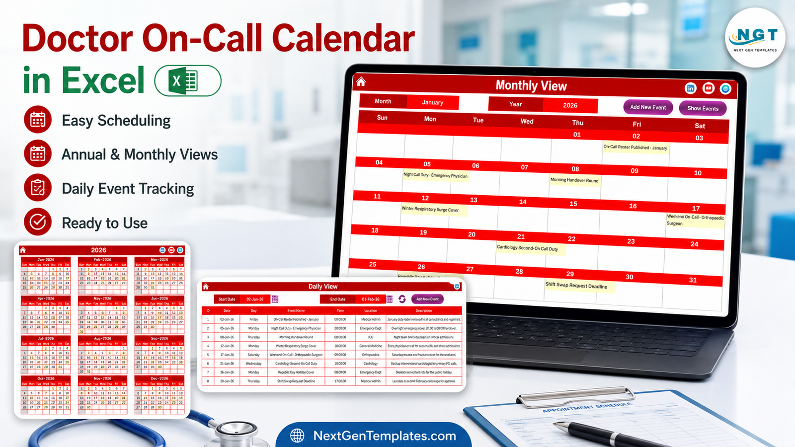 Doctor On-Call Calendar in Excel showing the Monthly View on a laptop with the Annual View and Daily View alongside