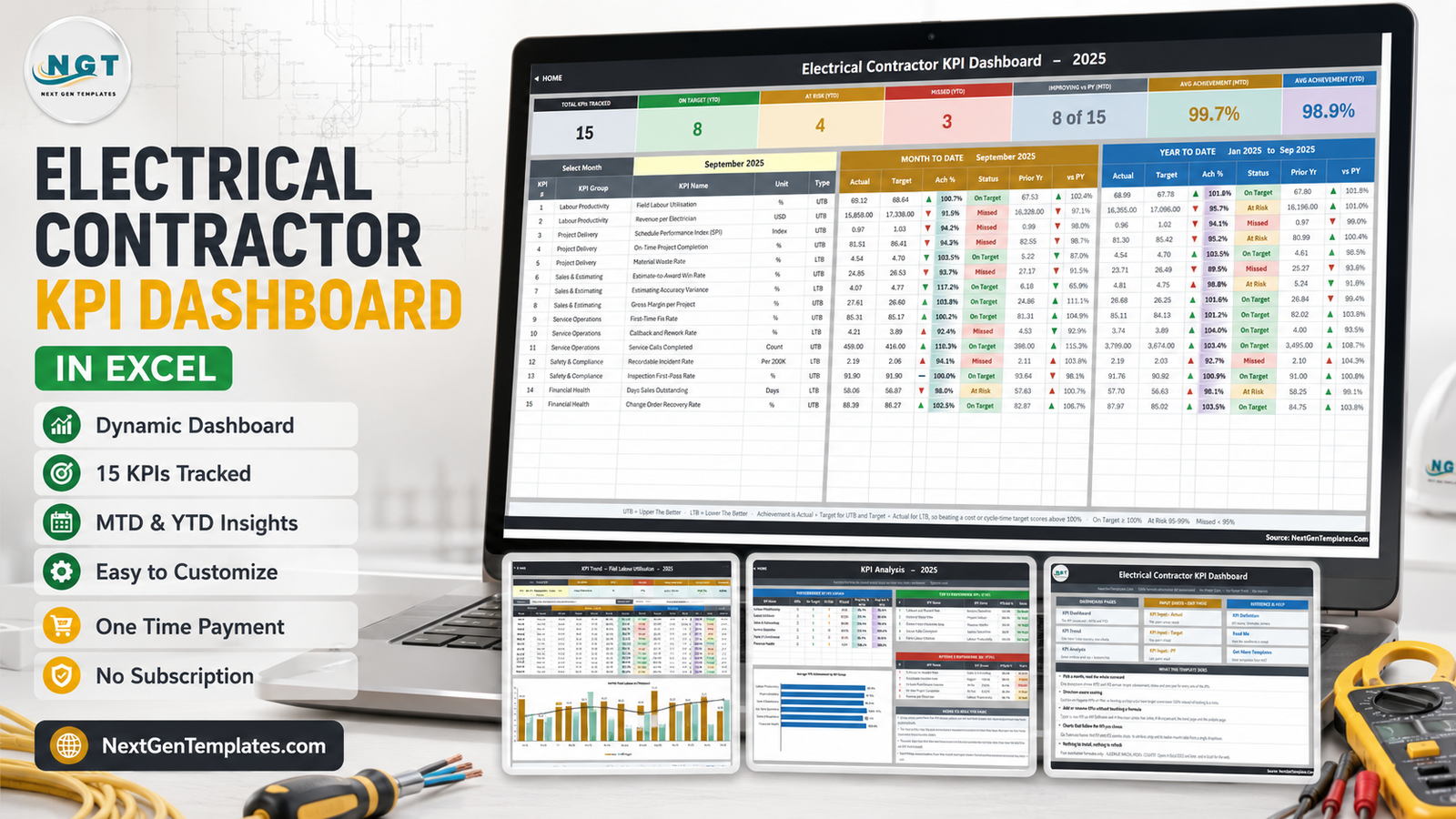 Electrical Contractor KPI Dashboard in Excel - 15 KPIs tracked, MTD and YTD insights, one-time payment