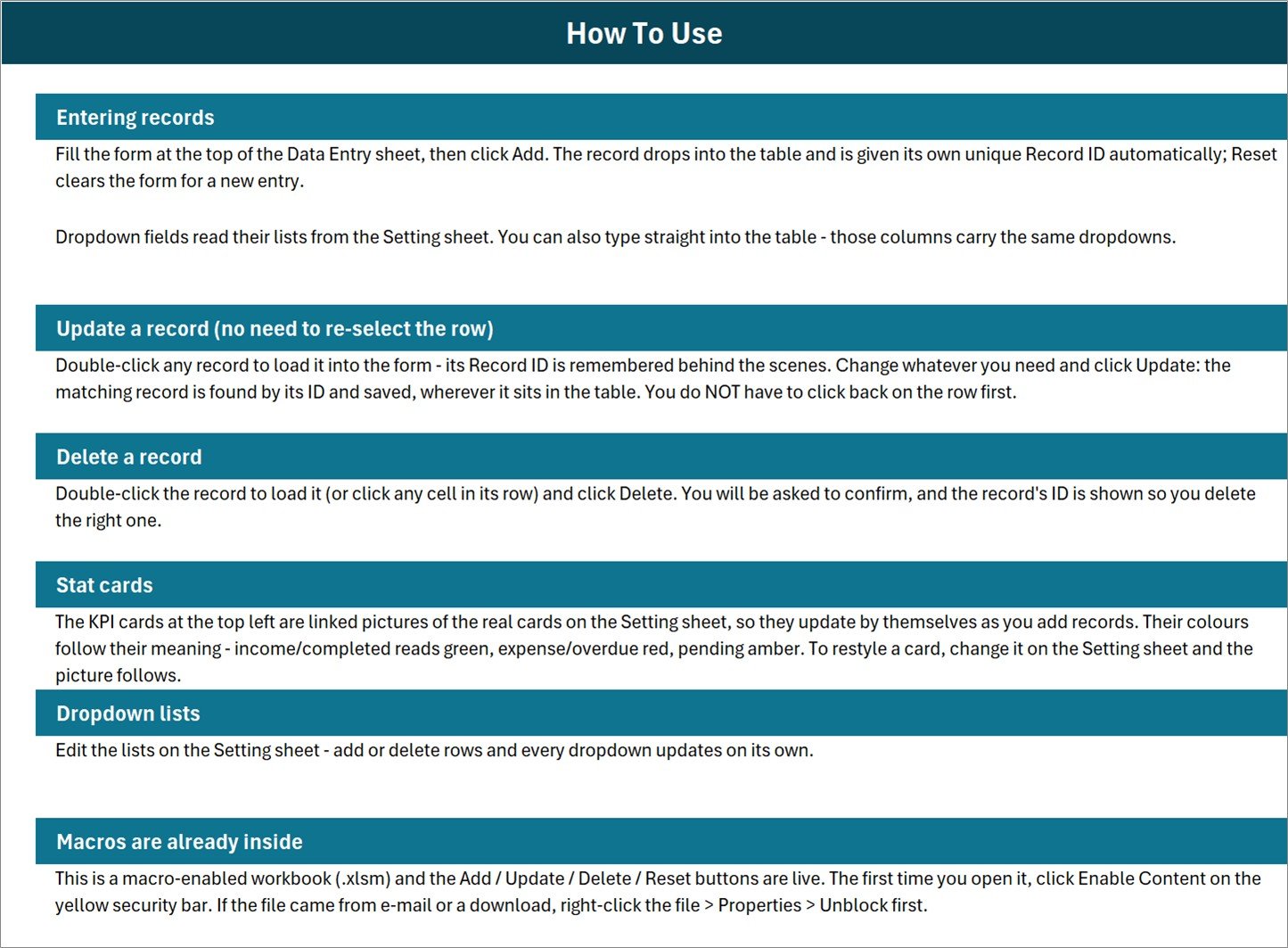 How To Use sheet explaining the Add, Update, Delete and Reset buttons