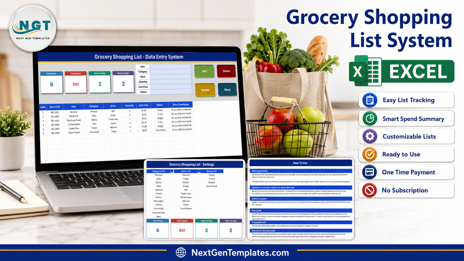 Grocery Shopping List Data Entry System in Excel