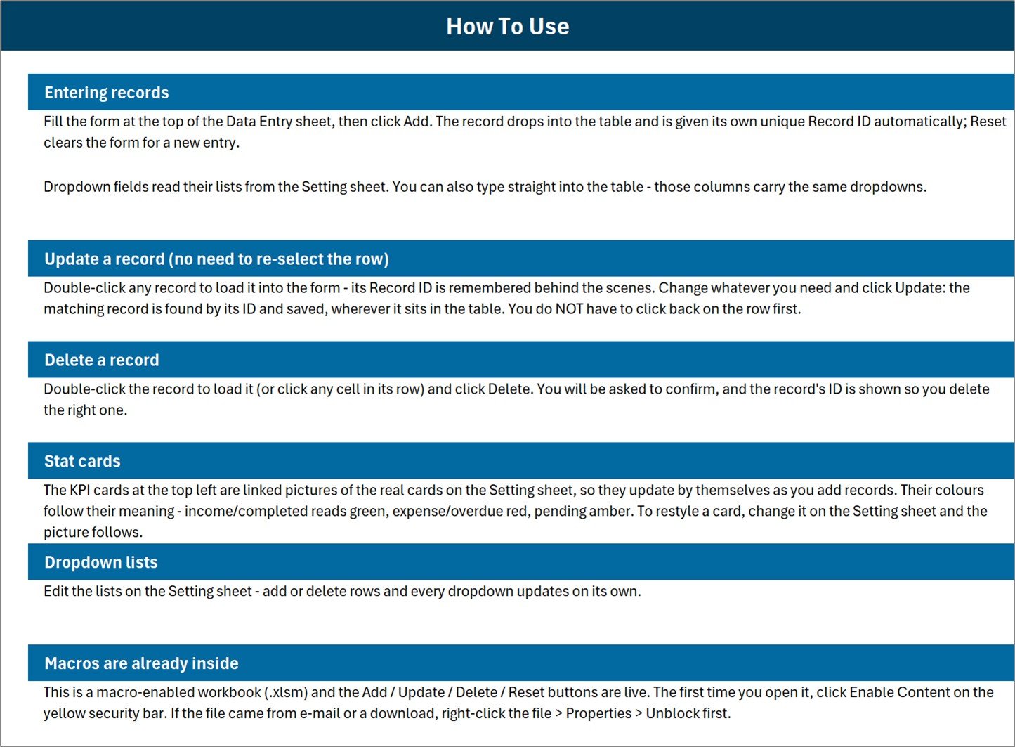 How To Use sheet explaining the Add, Update, Delete and Reset buttons in the Excel influencer outreach system