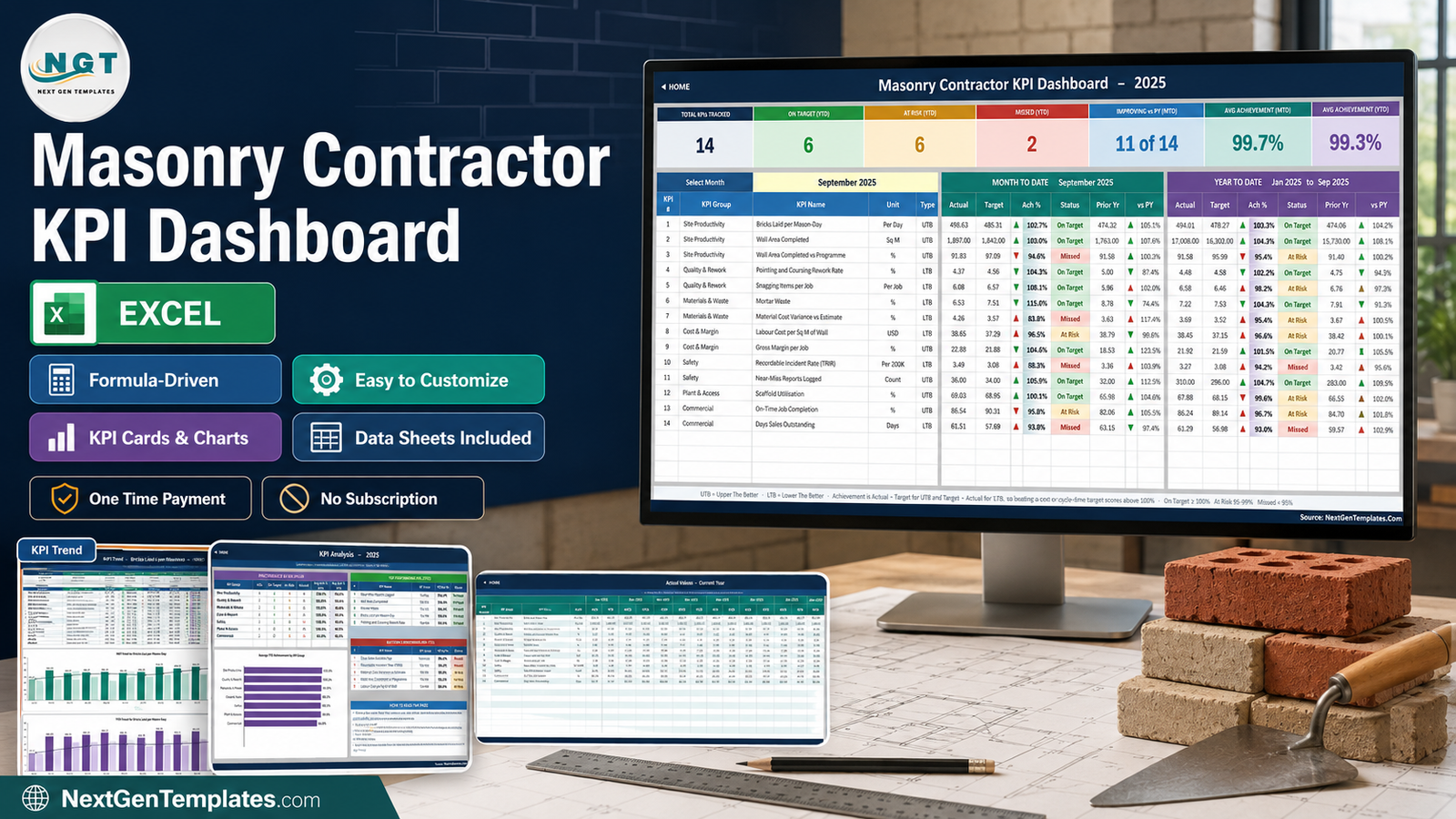 Masonry Contractor KPI Dashboard in Excel shown on a monitor with the KPI Trend, KPI Analysis and Actual Values pages