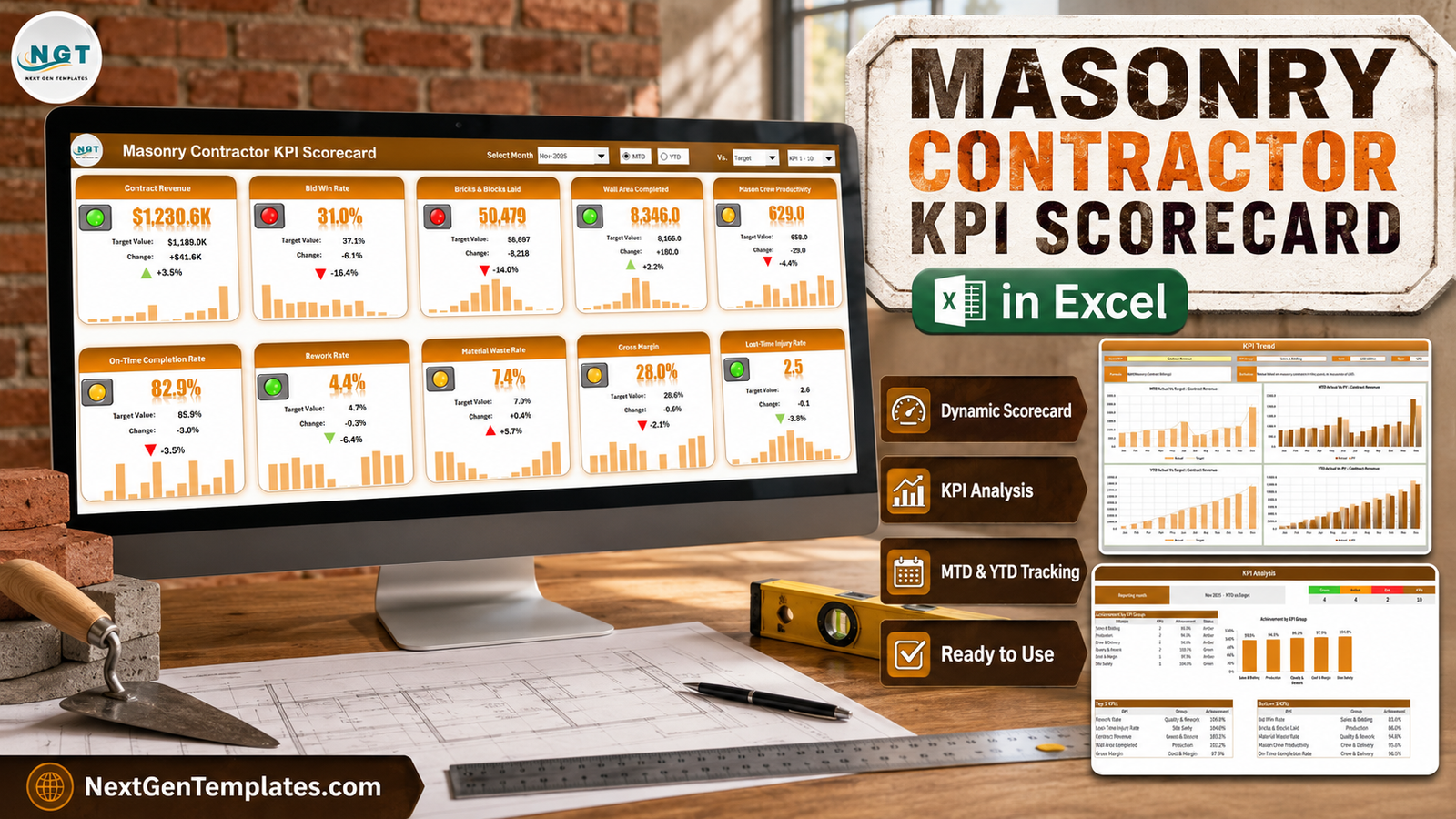 Masonry Contractor KPI Scorecard in Excel - monthly KPI scorecard with traffic lights, KPI Analysis and KPI Trend pages