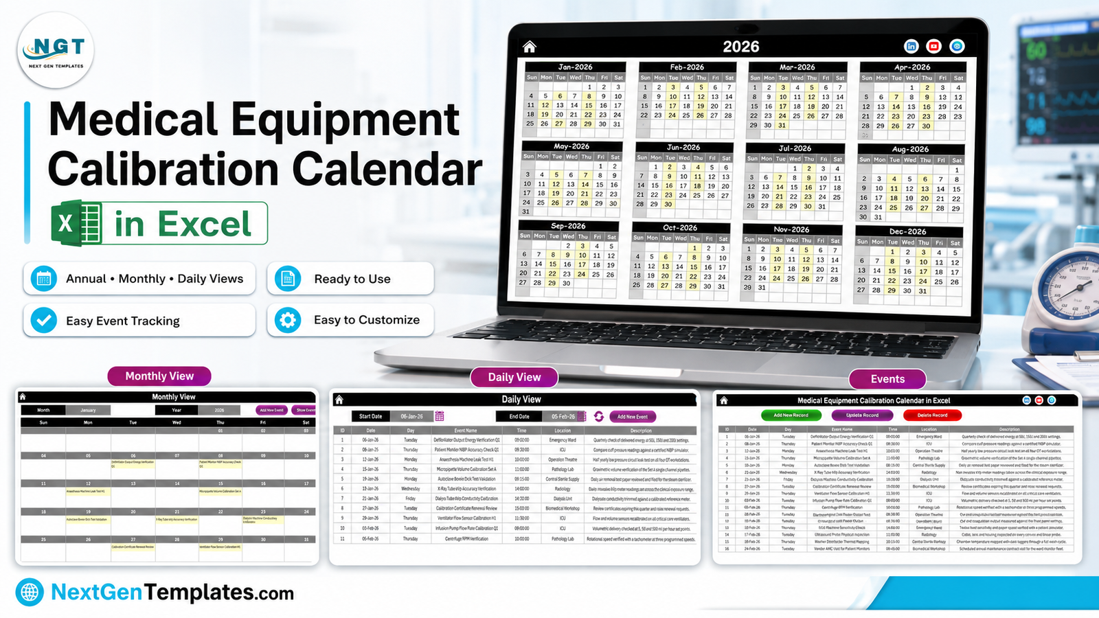 Medical Equipment Calibration Calendar in Excel showing the Annual View, Monthly View, Daily View and Events sheet of the workbook