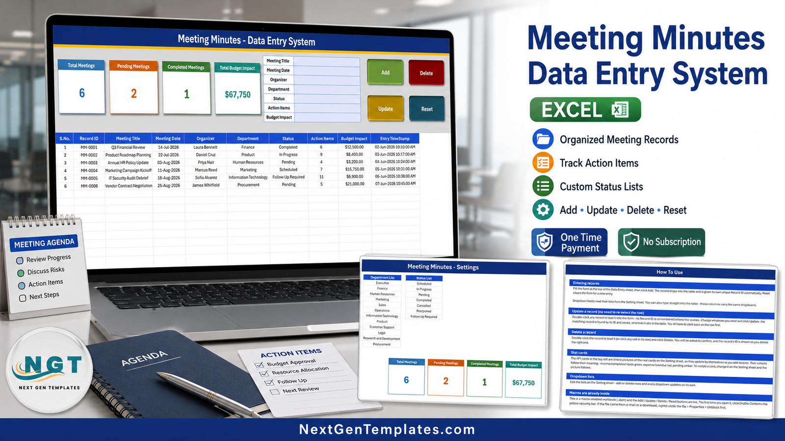 Meeting Minutes Data Entry System in Excel shown on a laptop with stat cards, entry form, settings sheet and how-to-use sheet