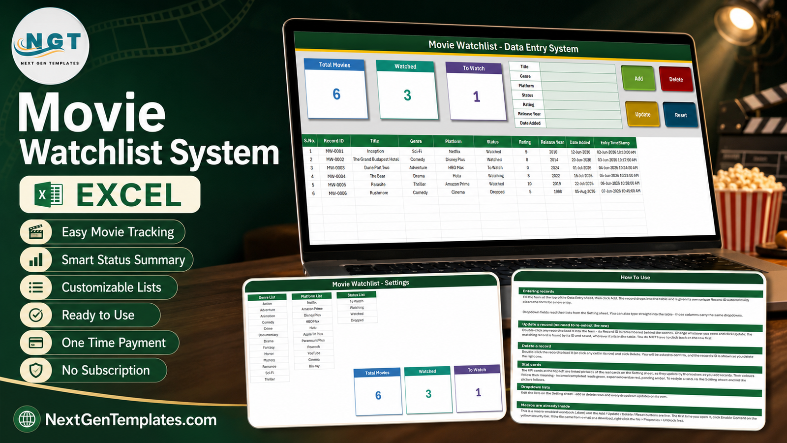 Movie Watchlist Data Entry System in Excel - Data Entry, Setting and How To Use sheets