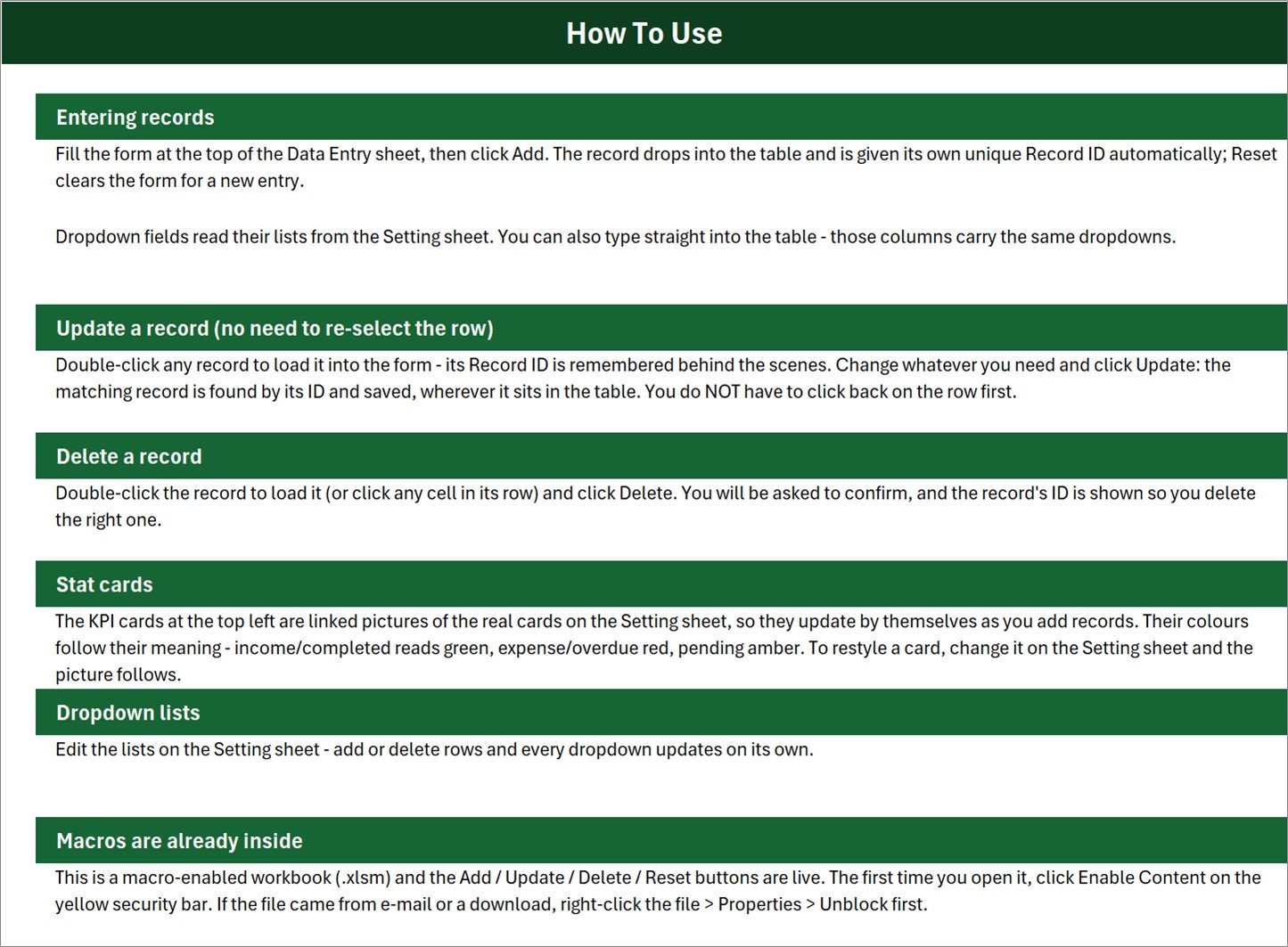 How To Use sheet covering entering records, updating, deleting, stat cards, dropdown lists and macros