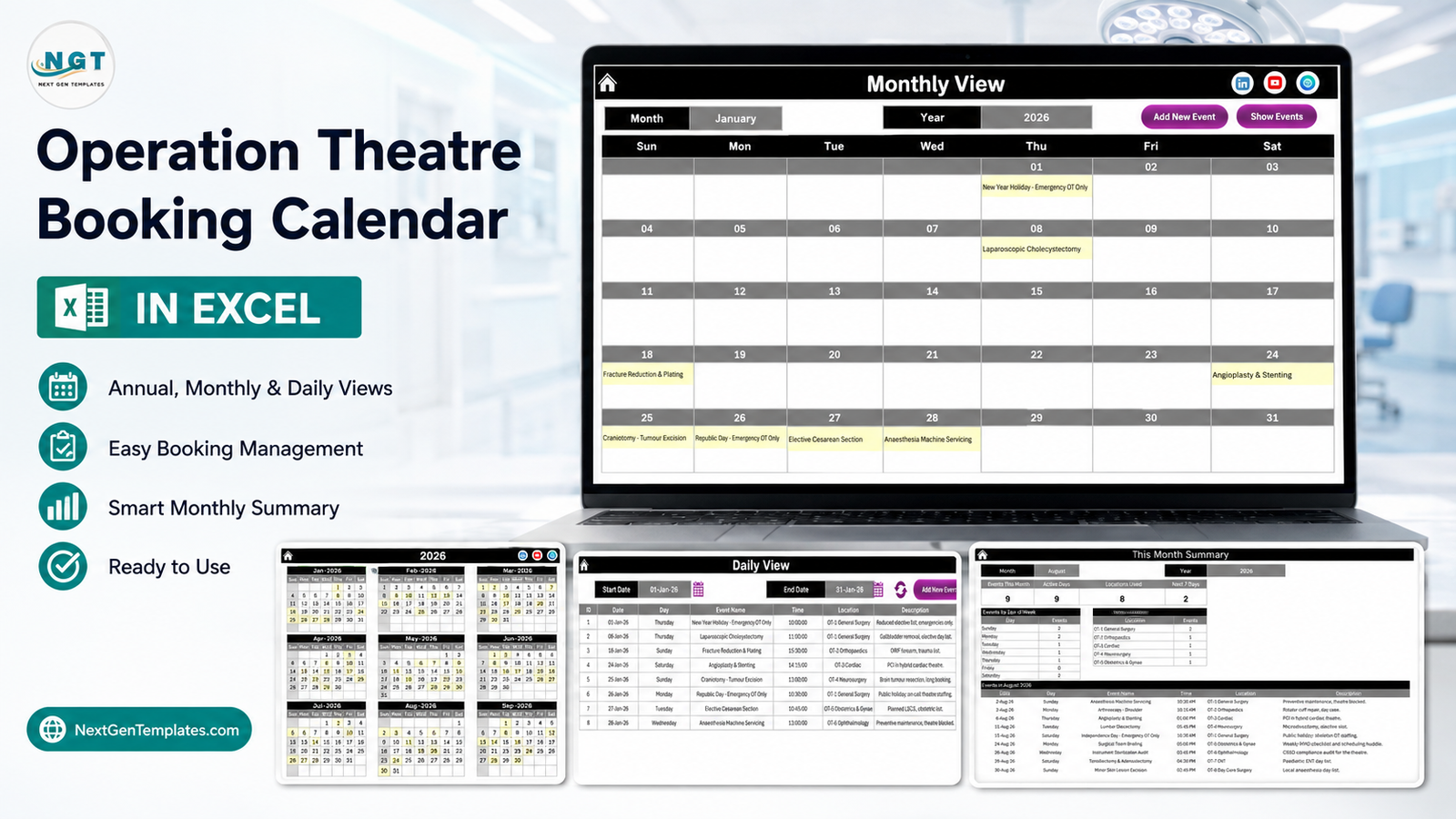 Operation Theatre Booking Calendar in Excel showing the Monthly View grid with Annual, Daily and This Month views alongside