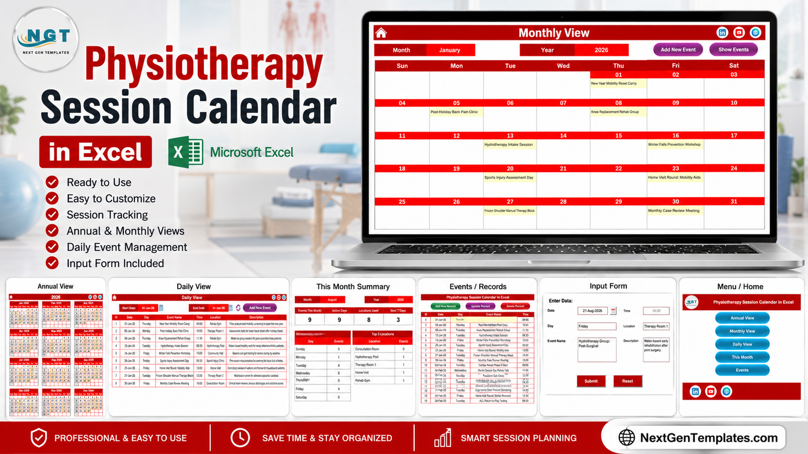 Physiotherapy Session Calendar in Excel