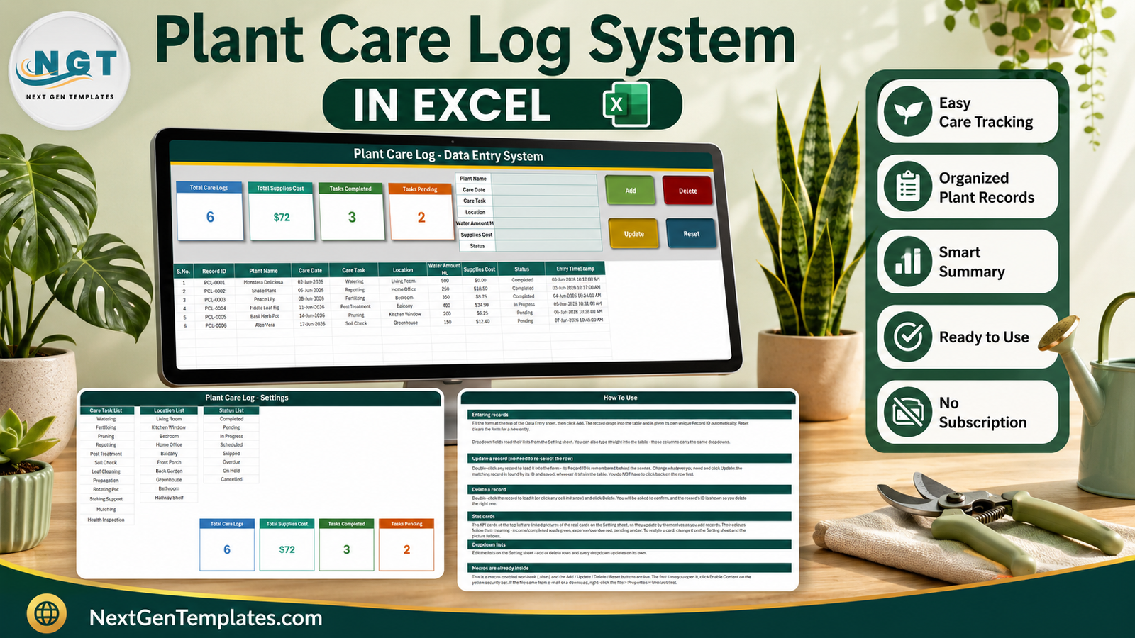 Plant Care Log Data Entry System in Excel - Data Entry, Settings and How To Use sheets