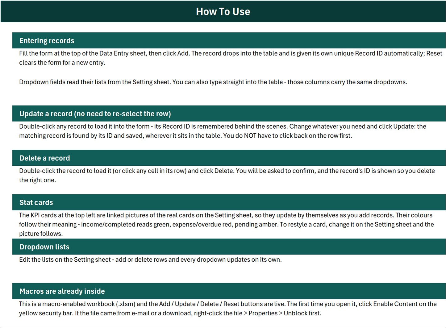 How To Use sheet of the Plant Care Log system covering entering, updating and deleting records, stat cards, dropdown lists and macros