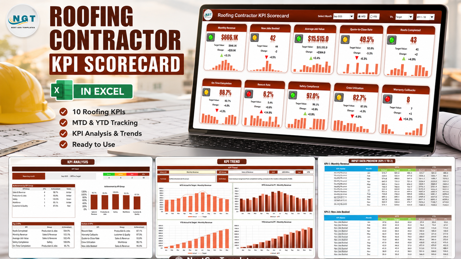 Roofing Contractor KPI Scorecard in Excel shown on a laptop with ten KPI tiles, KPI analysis, KPI trend and input data pages