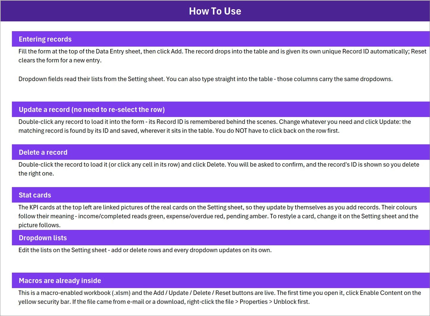 How To Use sheet of the Sports Event Entry Data Entry System with sections on entering records, updating, deleting, stat cards, dropdown lists and enabling macros