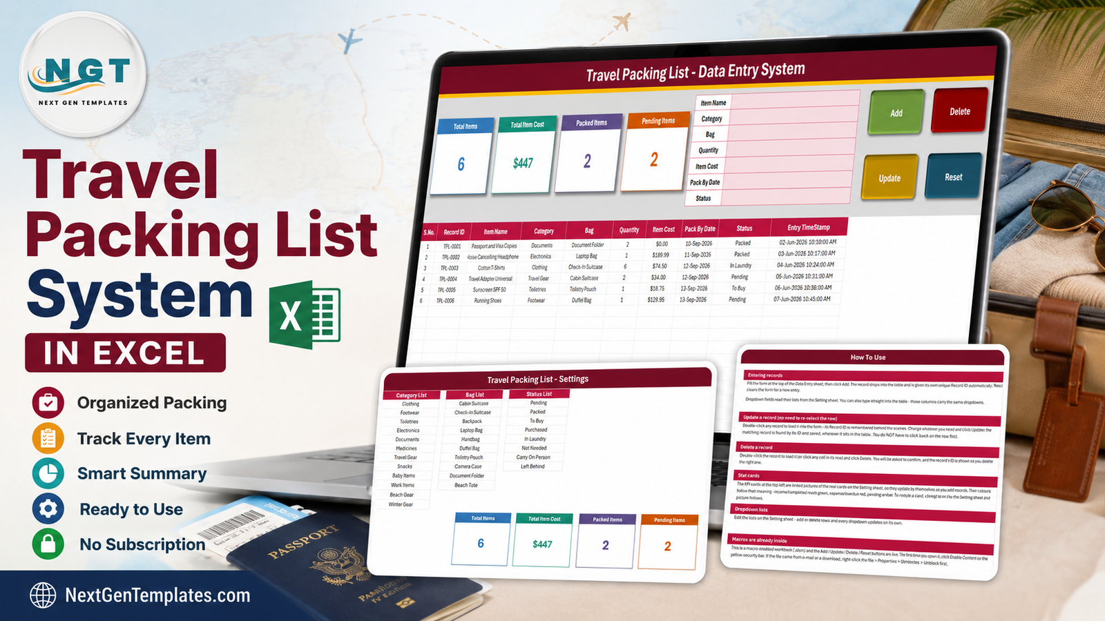 Travel Packing List Data Entry System in Excel - entry form, summary cards, Setting sheet and How To Use sheet