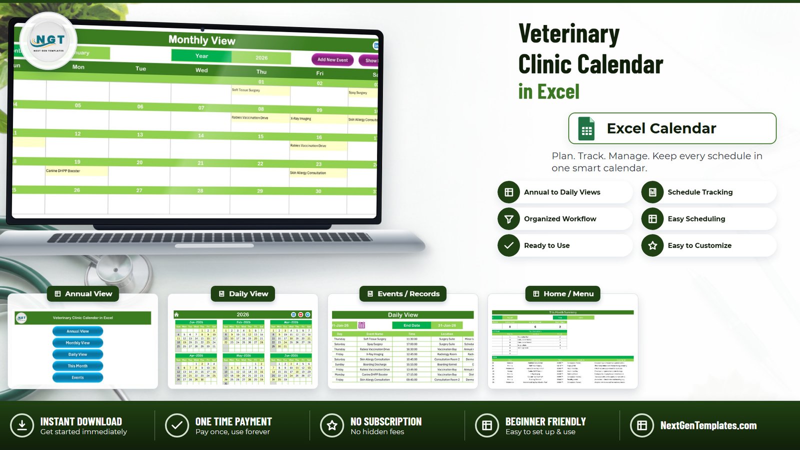 Veterinary Clinic Calendar in Excel showing the Monthly View, Annual View, Daily View and This Month summary